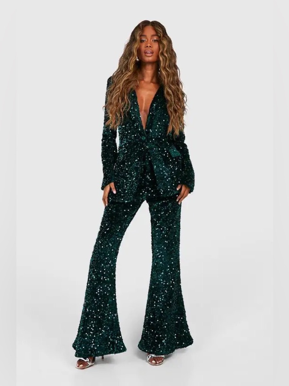 Dark emerald Green Sequin Blazer jacket & Flared Pants Set suit